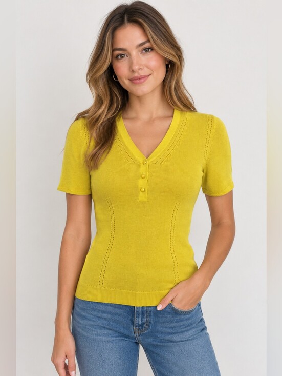 Lela Rose Tops - Lela Rose Silk And Cashmere Yellow V-Neck Short Sleeve Knit Top